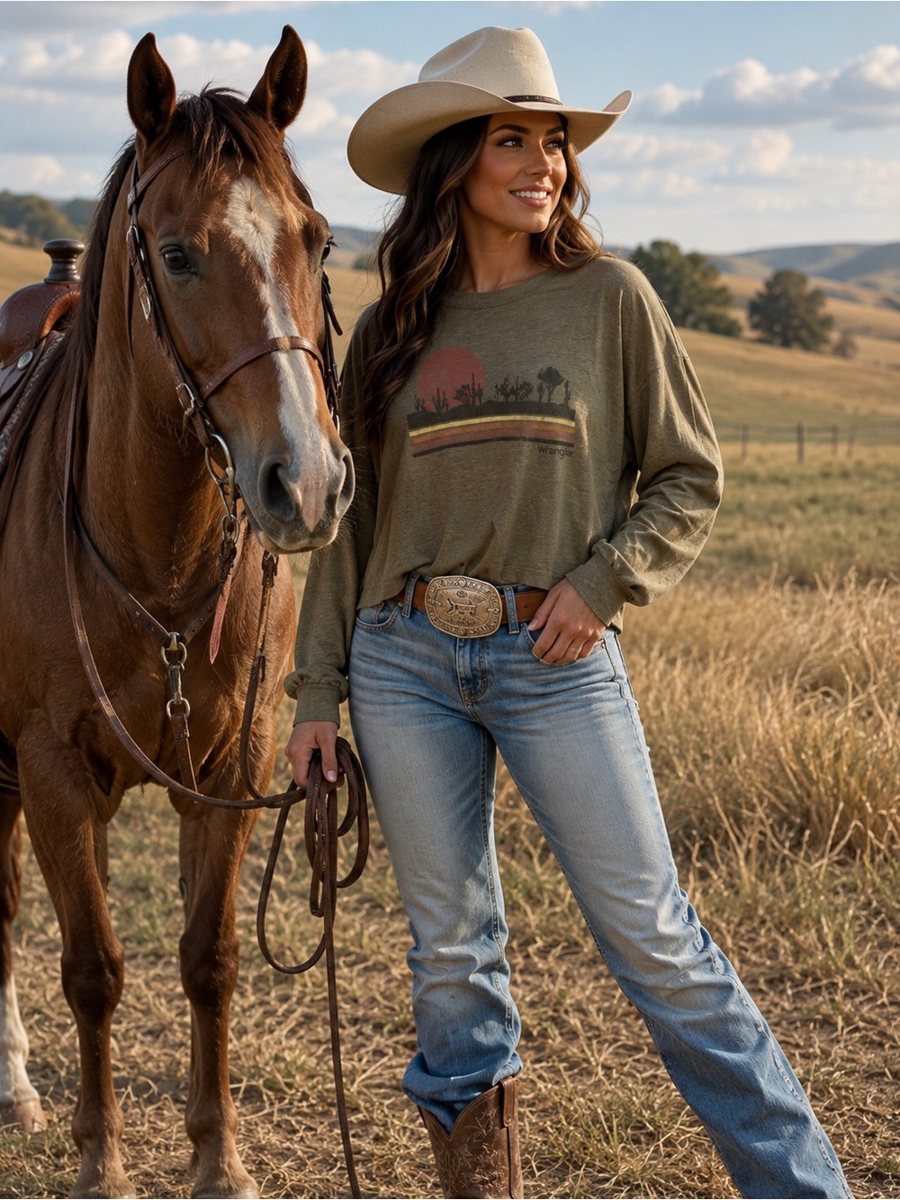 Wrangler Olive Long-Sleeve Graphic Tee with Sunset Stripe